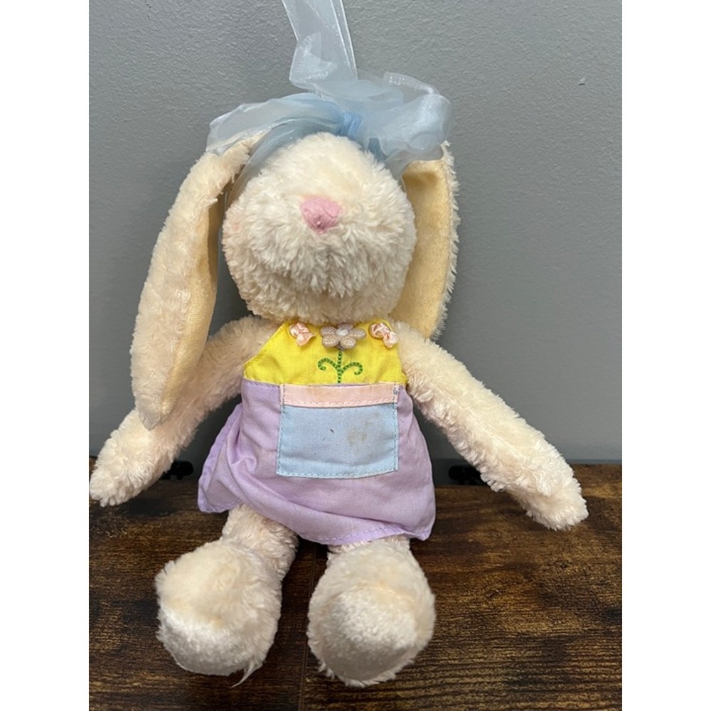 Hallmark Cards Kiss Kiss Cream Bunny Plush Apron Flower Blue Bow Stuffed Toy